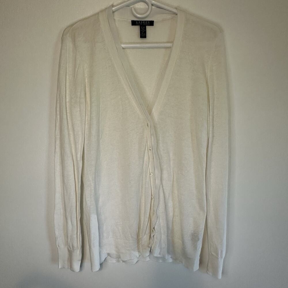 Lauren Ralph Lauren Cardigan Linen Blend Sweater Women Medium M White Button - Picture 11 of 13